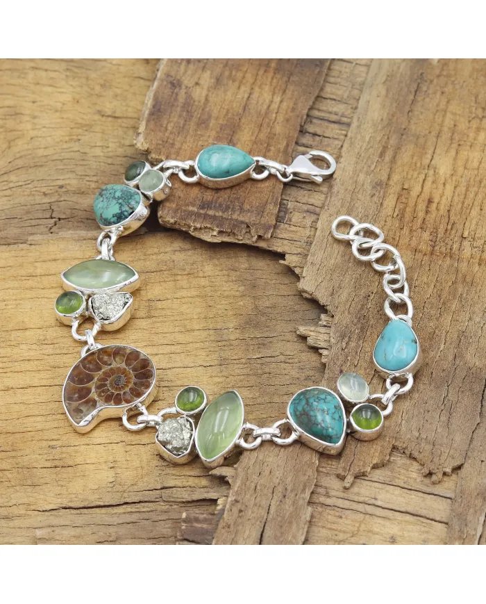Ammonite Bracelets, 925 Solid Silver Bracelet, Turquoise and Pyrite Bracelets, Gemstone Statement Bracelets, Bohemian Bracelet.