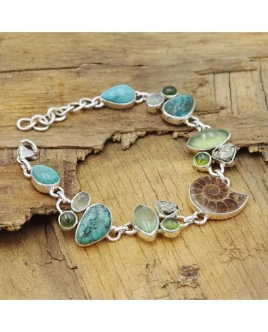 Ammonite Bracelets, 925 Solid Silver Bracelet, Turquoise and Pyrite Bracelets, Gemstone Statement Bracelets, Bohemian Bracelet.