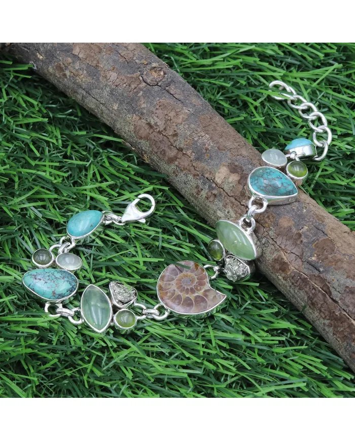 Ammonite Bracelets, 925 Solid Silver Bracelet, Turquoise and Pyrite Bracelets, Gemstone Statement Bracelets, Bohemian Bracelet.