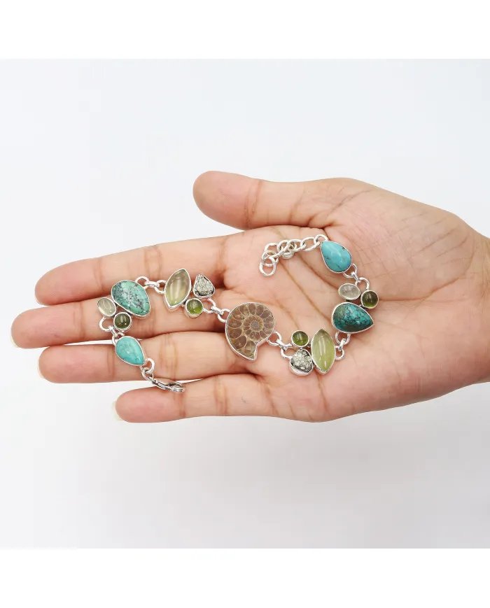 Ammonite Bracelets, 925 Solid Silver Bracelet, Turquoise and Pyrite Bracelets, Gemstone Statement Bracelets, Bohemian Bracelet.