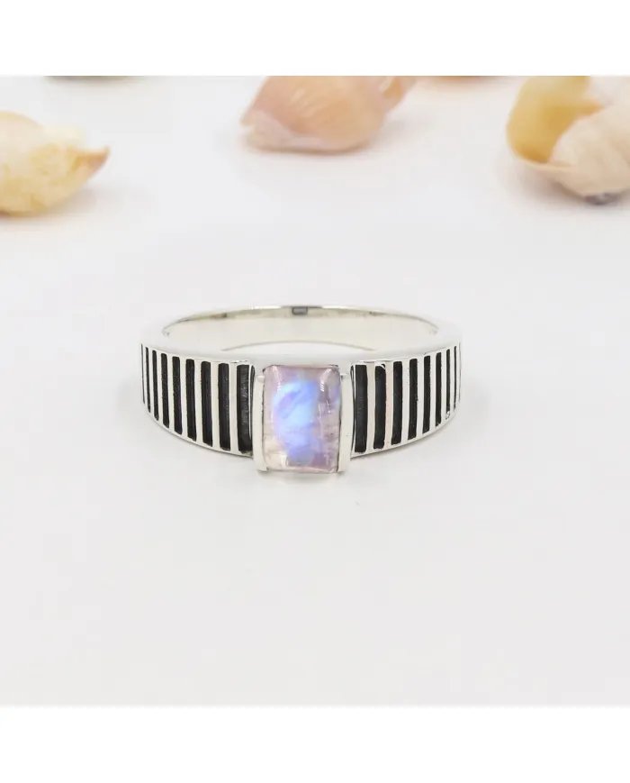 Rainbow Moonstone Ring - 925 Sterling Silver Oxidized Finish Jewelry
