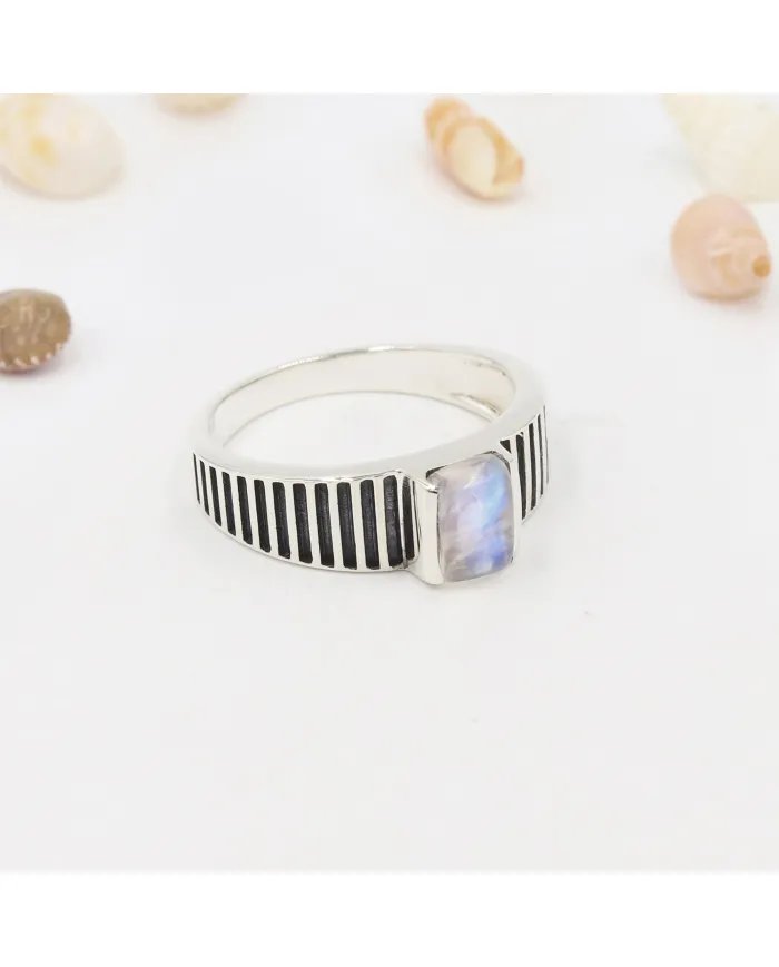 Rainbow Moonstone Ring - 925 Sterling Silver Oxidized Finish Jewelry