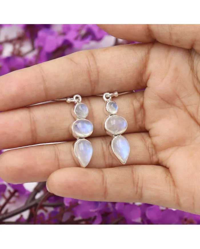 Rainbow Moonstone Dangle Earrings - 925 Sterling Silver Handmade Jewelry