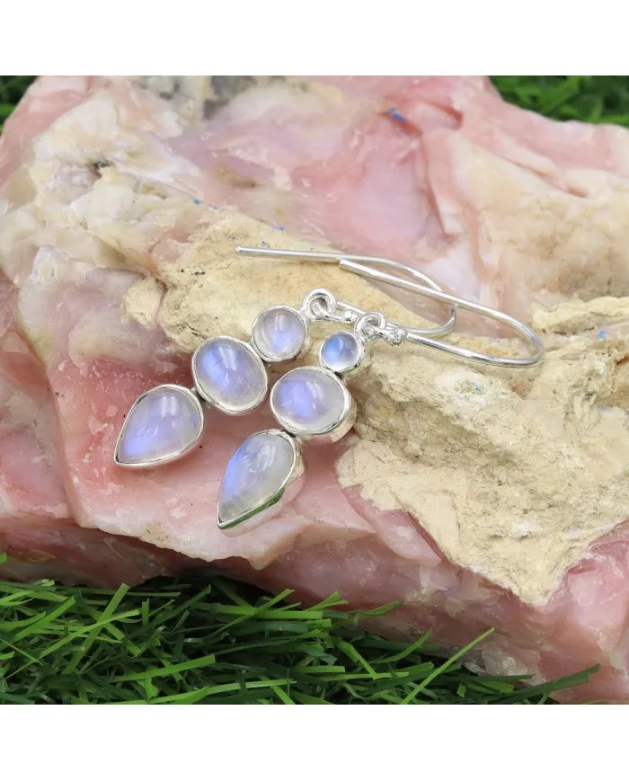 Rainbow Moonstone Dangle Earrings - 925 Sterling Silver Handmade Jewelry