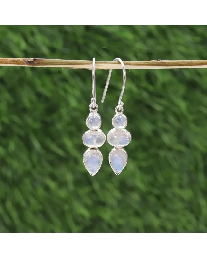 Rainbow Moonstone Dangle Earrings - 925 Sterling Silver Handmade Jewelry