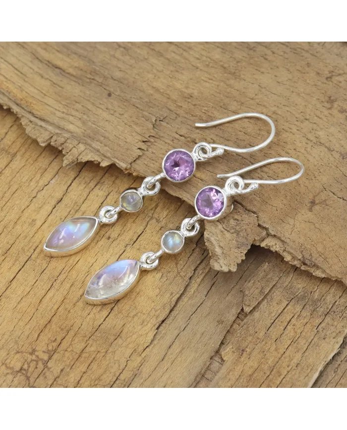 Amethyst Earrings, 925 Sterling Silver, Moonstone Handmade Drop Earrings, Birthstone Earrings for women