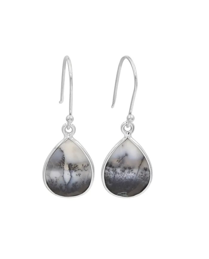 Dendritic Opal Earrings, Sterling Silver Natural Stone Earrings, Minimalist Dangle Earrings