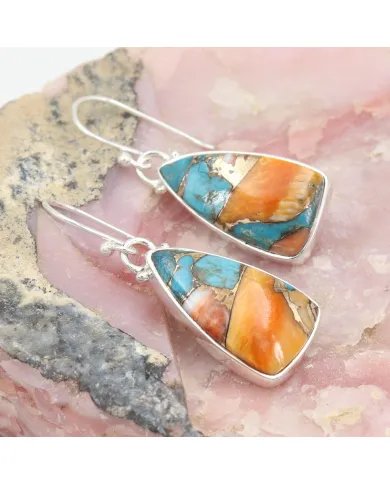 Orange Spiny Turquoise Earrings, Sterling Silver Dangle Earrings, Handmade Gemstone Earrings for Women