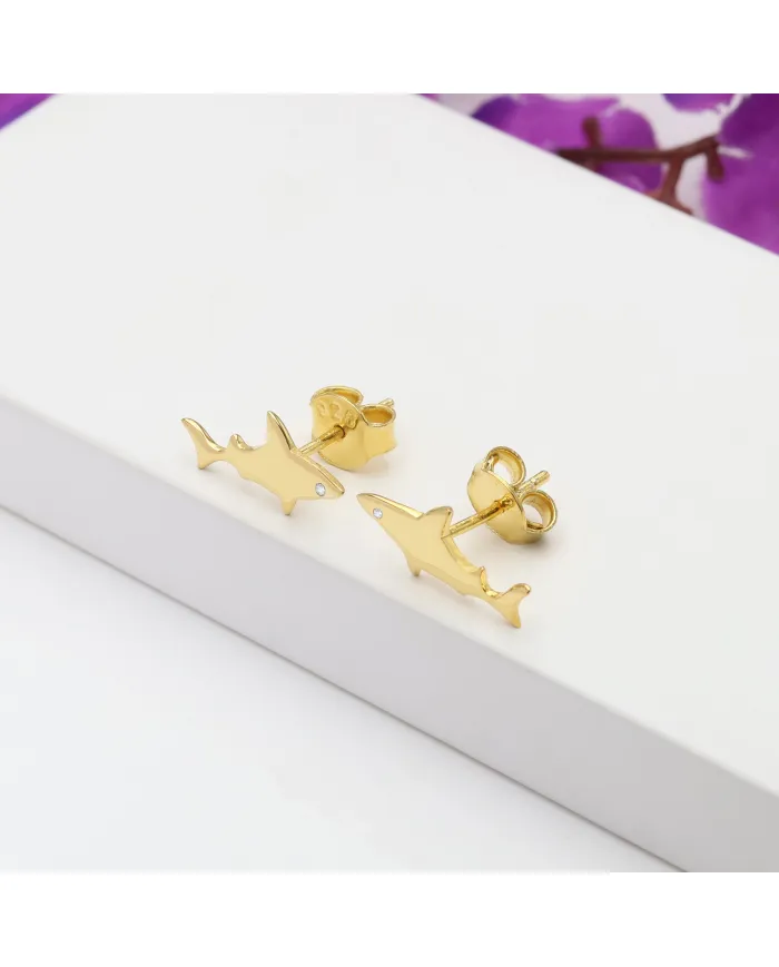 18K Gold Plated Swarovski Crystal Shark Stud Earrings Silver Jewelry