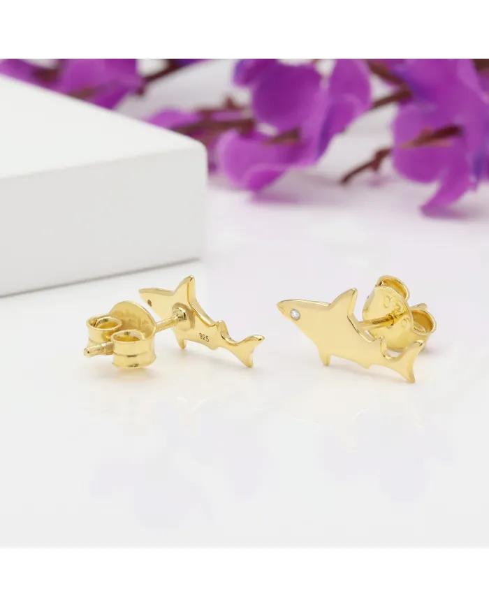 18K Gold Plated Swarovski Crystal Shark Stud Earrings Silver Jewelry