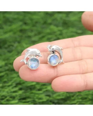 Natural Rainbow Moonstone Stud Earrings, Gemstones with Sterling Silver, Dolphin Stud, Minimalist Stud for Women