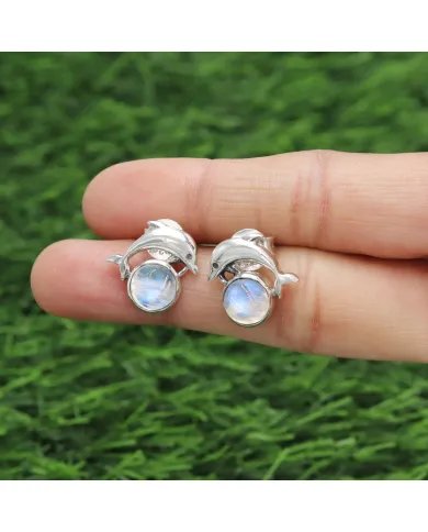 Natural Rainbow Moonstone Stud Earrings, Gemstones with Sterling Silver, Dolphin Stud, Minimalist Stud for Women