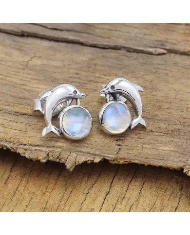 Natural Rainbow Moonstone Stud Earrings, Gemstones with Sterling Silver, Dolphin Stud, Minimalist Stud for Women