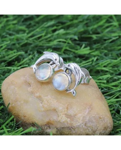 Natural Rainbow Moonstone Stud Earrings, Gemstones with Sterling Silver, Dolphin Stud, Minimalist Stud for Women