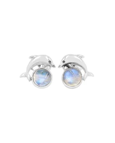 Natural Rainbow Moonstone Stud Earrings, Gemstones with Sterling Silver, Dolphin Stud, Minimalist Stud for Women