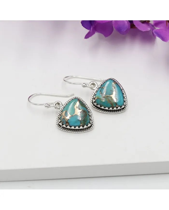 Natural Blue Copper Turquoise Earrings, Sterling Silver Earrings, Triangular Dangle Earrings, Handmade Earrings for Women