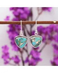 Natural Blue Copper Turquoise Earrings, Sterling Silver Earrings, Triangular Dangle Earrings, Handmade Earrings for Women