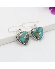 Natural Blue Copper Turquoise Earrings, Sterling Silver Earrings, Triangular Dangle Earrings, Handmade Earrings for Women