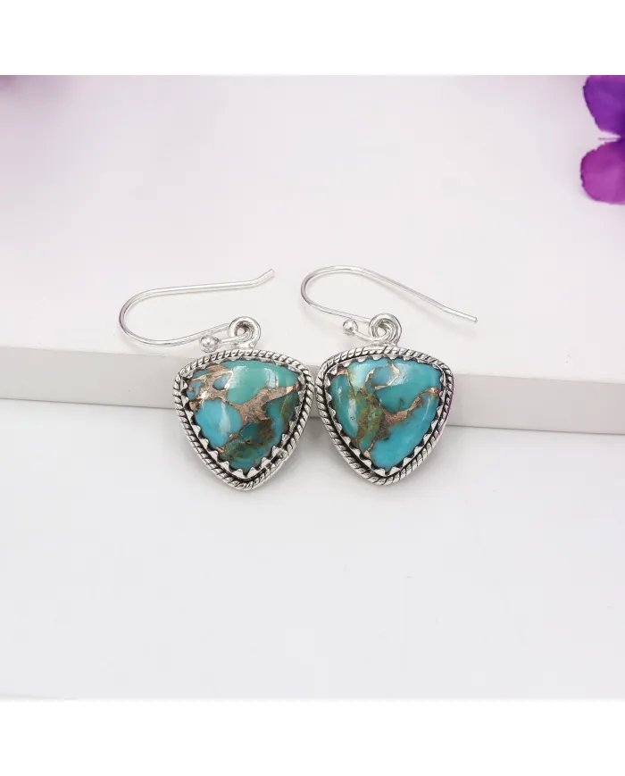 Natural Blue Copper Turquoise Earrings, Sterling Silver Earrings, Triangular Dangle Earrings, Handmade Earrings for Women