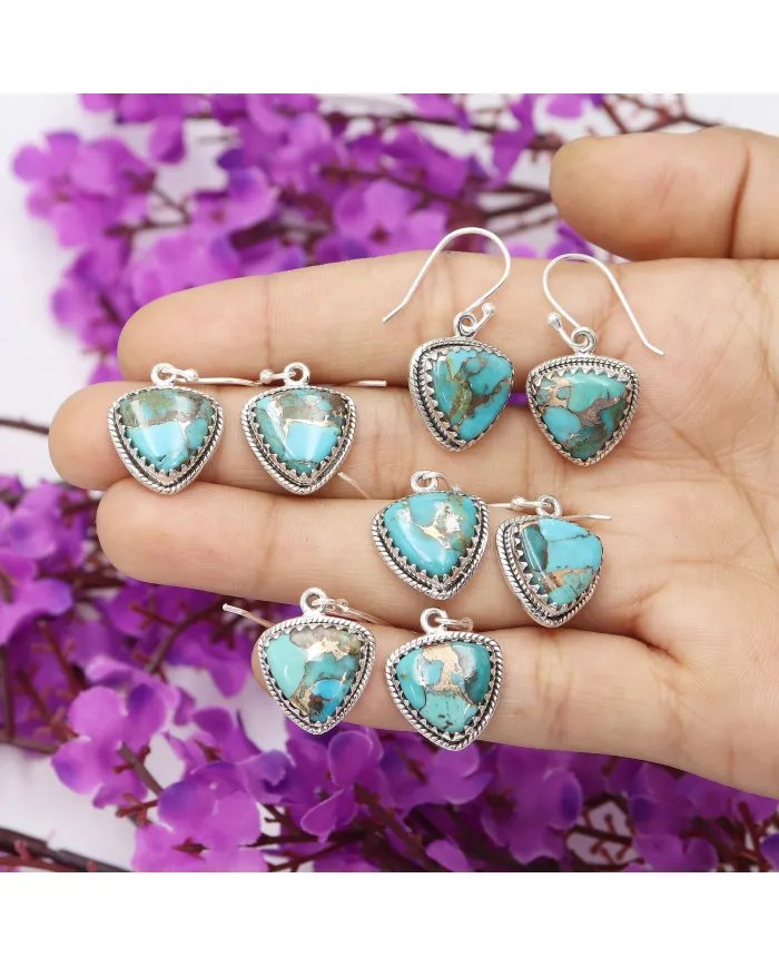 Natural Blue Copper Turquoise Earrings, Sterling Silver Earrings, Triangular Dangle Earrings, Handmade Earrings for Women