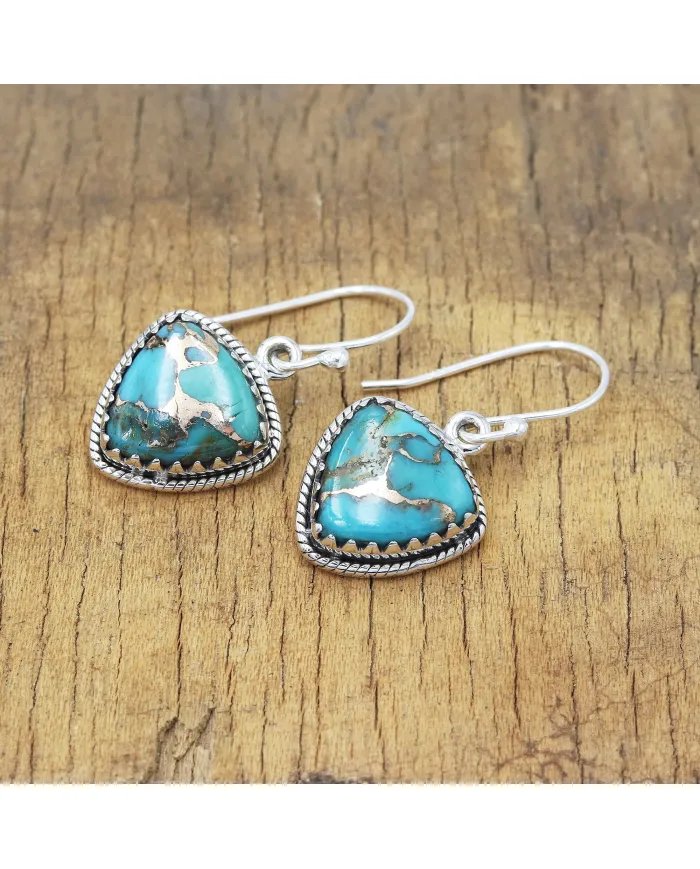 Natural Blue Copper Turquoise Earrings, Sterling Silver Earrings, Triangular Dangle Earrings, Handmade Earrings for Women