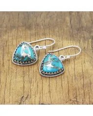 Natural Blue Copper Turquoise Earrings, Sterling Silver Earrings, Triangular Dangle Earrings, Handmade Earrings for Women