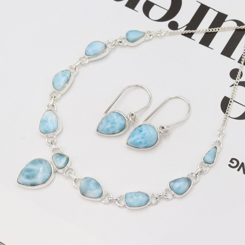 Natural online Larimar Necklace Semicircle Shape with 925 Silver for Women ,One of a Kind from Dominican Republic for DIY Jewelry Making 3A Quality