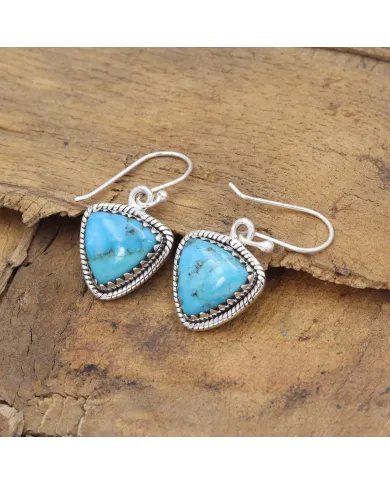 Natural Blue Turquoise Earrings, Sterling Silver Earrings, Triangular Dangle Earrinngs, Handmade Earrings for Women