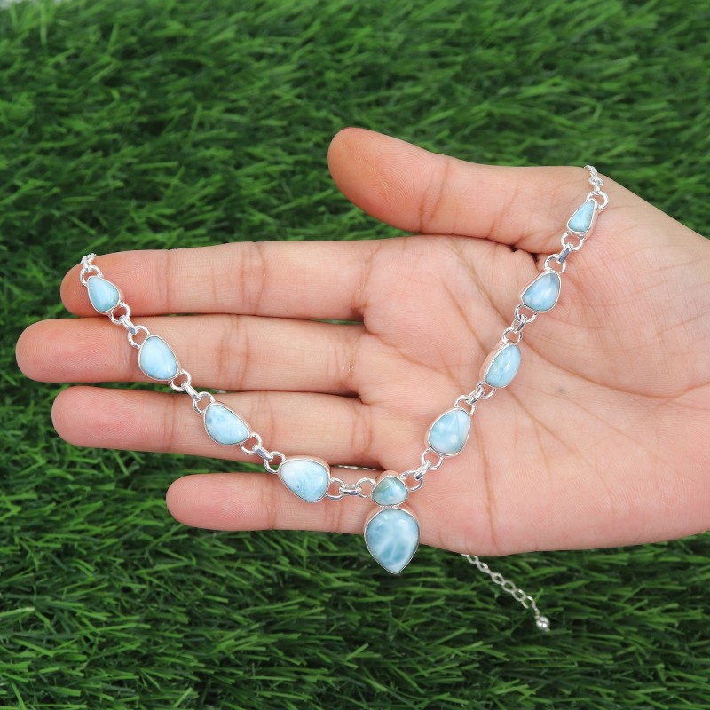 Natural Larimar Necklace Semicircle Shape with hot 925 Silver for Women ,One of a Kind from Dominican Republic for DIY Jewelry Making 3A Quality