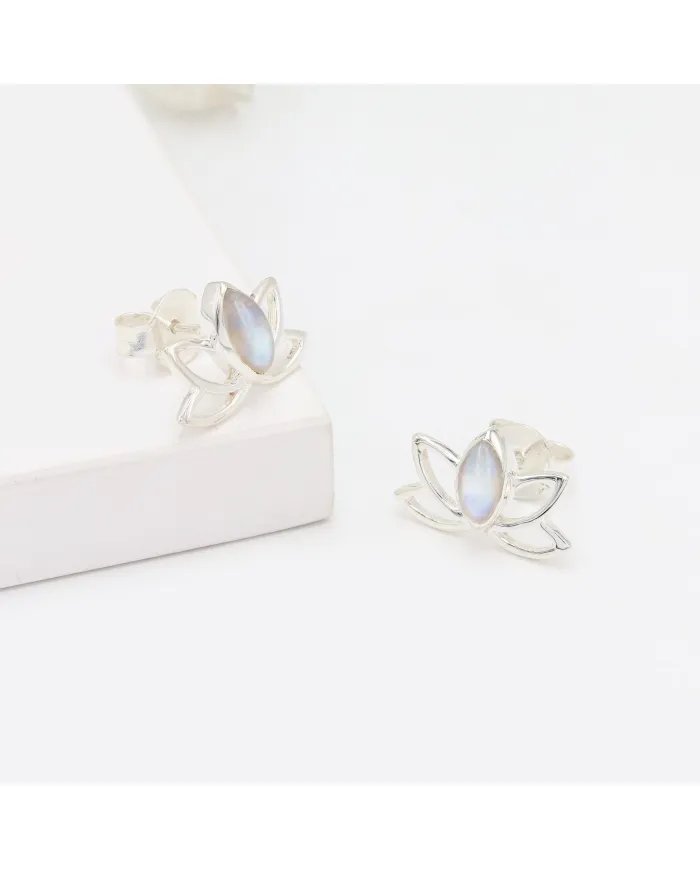 Natural Rainbow Moonstone lotus stud Earrings, Sterling Silver Minimalist Gemstone Jewelry for Women