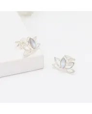Natural Rainbow Moonstone lotus stud Earrings, Sterling Silver Minimalist Gemstone Jewelry for Women