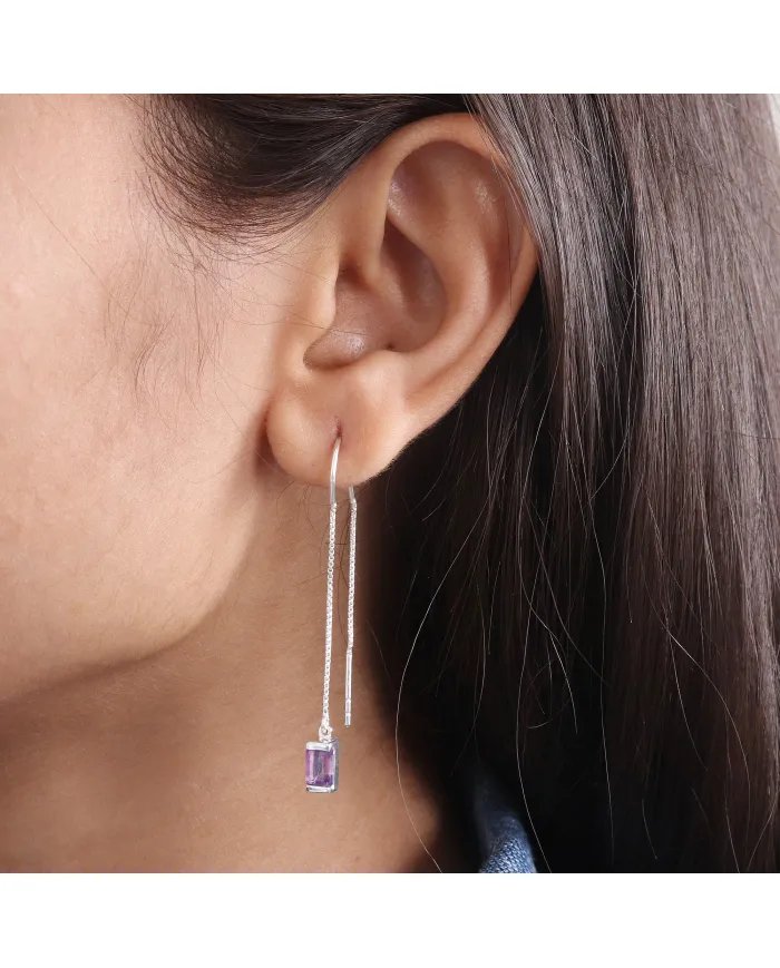 Amethyst Dangle Earrings, Sterling Silver Earrings, Box Chain With Hook Earrings, Handmade Jewelry for Women