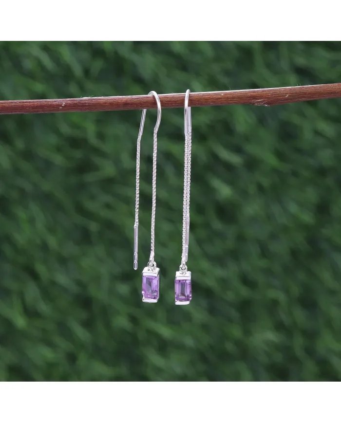 Amethyst Dangle Earrings, Sterling Silver Earrings, Box Chain With Hook Earrings, Handmade Jewelry for Women