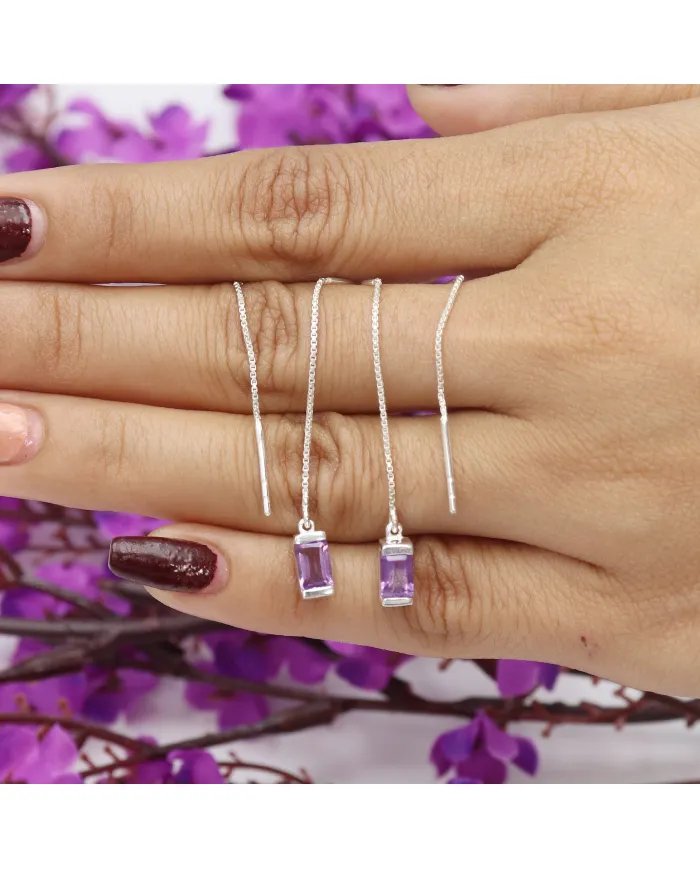 Amethyst Dangle Earrings, Sterling Silver Earrings, Box Chain With Hook Earrings, Handmade Jewelry for Women