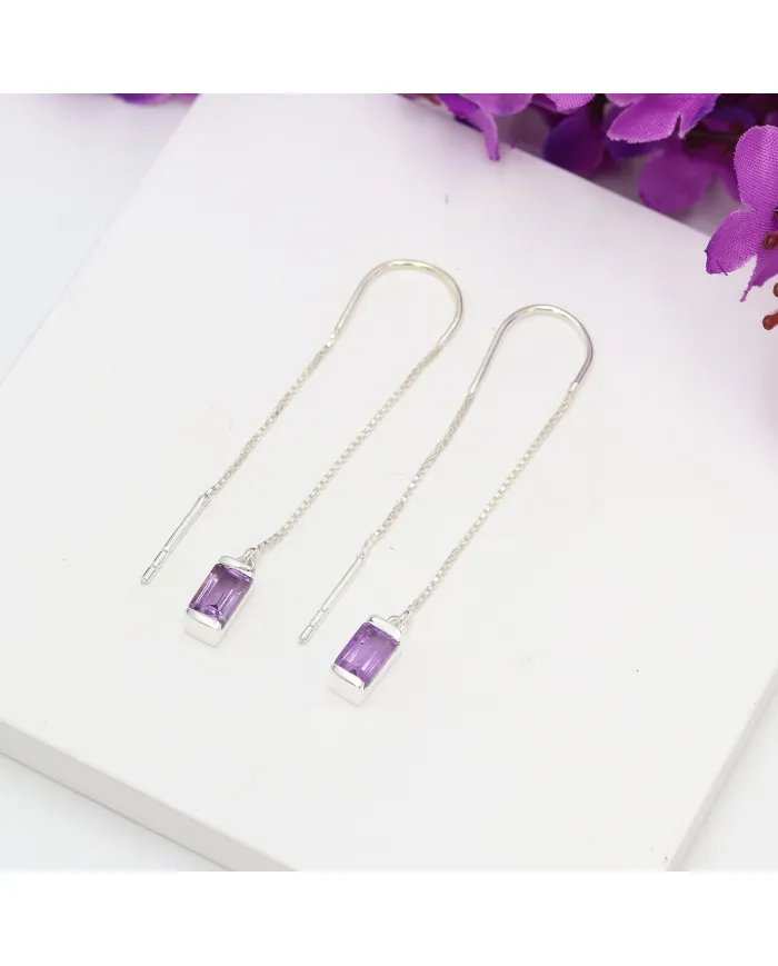 Amethyst Dangle Earrings, Sterling Silver Earrings, Box Chain With Hook Earrings, Handmade Jewelry for Women