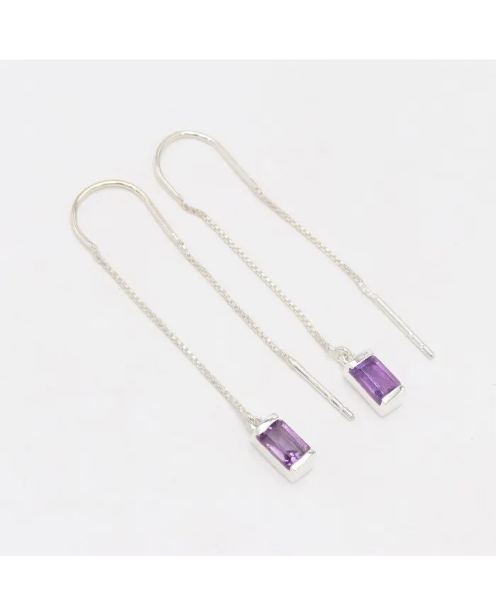 Amethyst Dangle Earrings, Sterling Silver Earrings, Box Chain With Hook Earrings, Handmade Jewelry for Women