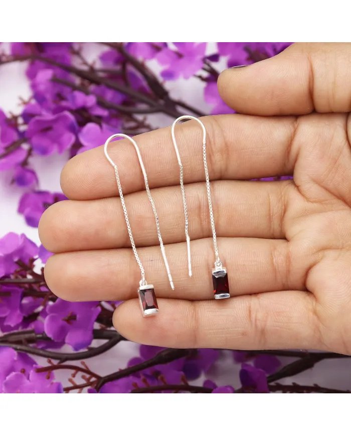 Garnet Dangle Earrings, Sterling Silver Earrings, Box Chain With Hook Earrings, Handmade Jewelry for Women