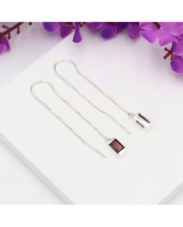 Garnet Dangle Earrings, Sterling Silver Earrings, Box Chain With Hook Earrings, Handmade Jewelry for Women