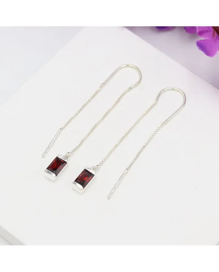 Garnet Dangle Earrings, Sterling Silver Earrings, Box Chain With Hook Earrings, Handmade Jewelry for Women