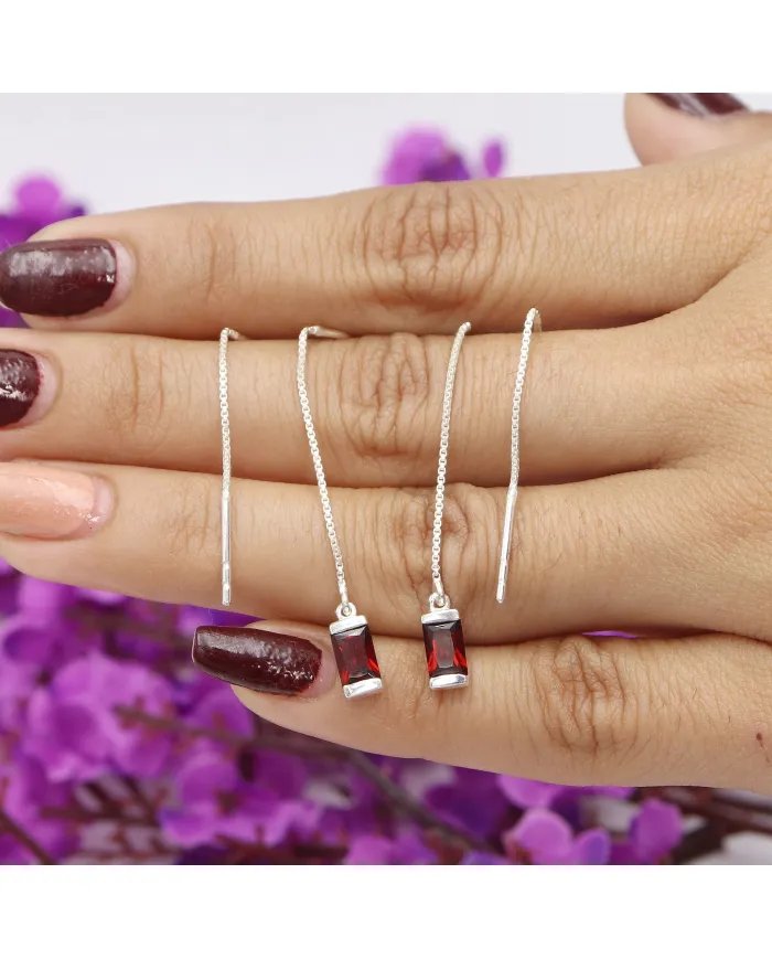 Garnet Dangle Earrings, Sterling Silver Earrings, Box Chain With Hook Earrings, Handmade Jewelry for Women
