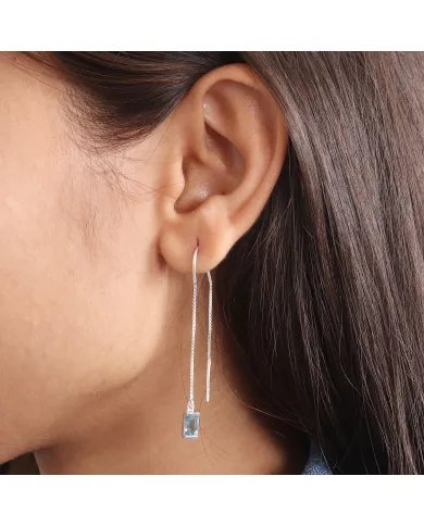 Swiss Blue Topaz Dangle Earrings, Sterling Silver Earrings, Box Chain With Hook Earrings, Handmade Jewelry for Women
