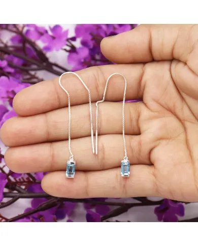 Swiss Blue Topaz Dangle Earrings, Sterling Silver Earrings, Box Chain With Hook Earrings, Handmade Jewelry for Women