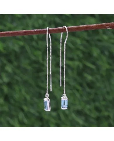Swiss Blue Topaz Dangle Earrings, Sterling Silver Earrings, Box Chain With Hook Earrings, Handmade Jewelry for Women