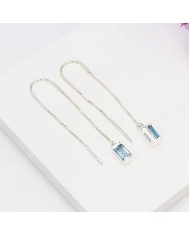 Swiss Blue Topaz Dangle Earrings, Sterling Silver Earrings, Box Chain With Hook Earrings, Handmade Jewelry for Women