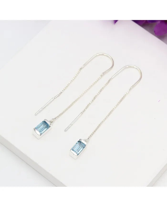 Swiss Blue Topaz Dangle Earrings, Sterling Silver Earrings, Box Chain With Hook Earrings, Handmade Jewelry for Women