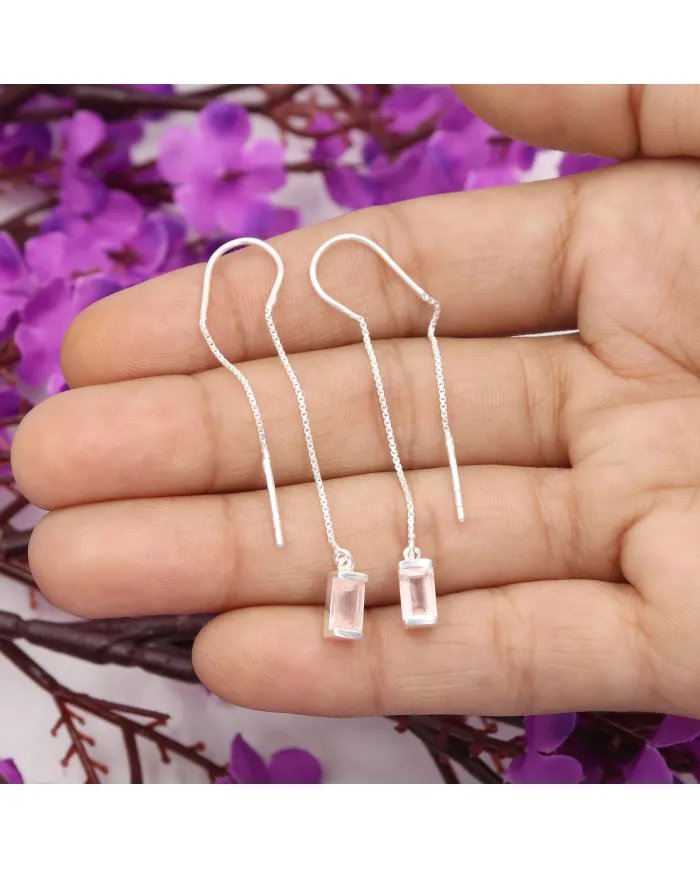 Rose Quartz Dangle Earrings, Sterling Silver Earrings, Box Chain With Hook Earrings, Handmade Jewelry for Women