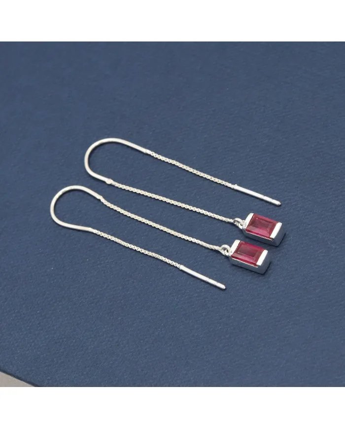 Ruby Dangle Earrings, Sterling Silver Earrings, Box Chain With Hook Earrings, Handmade Jewelry for Women