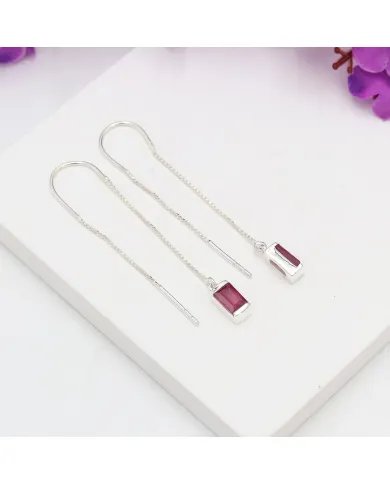 Ruby Dangle Earrings, Sterling Silver Earrings, Box Chain With Hook Earrings, Handmade Jewelry for Women