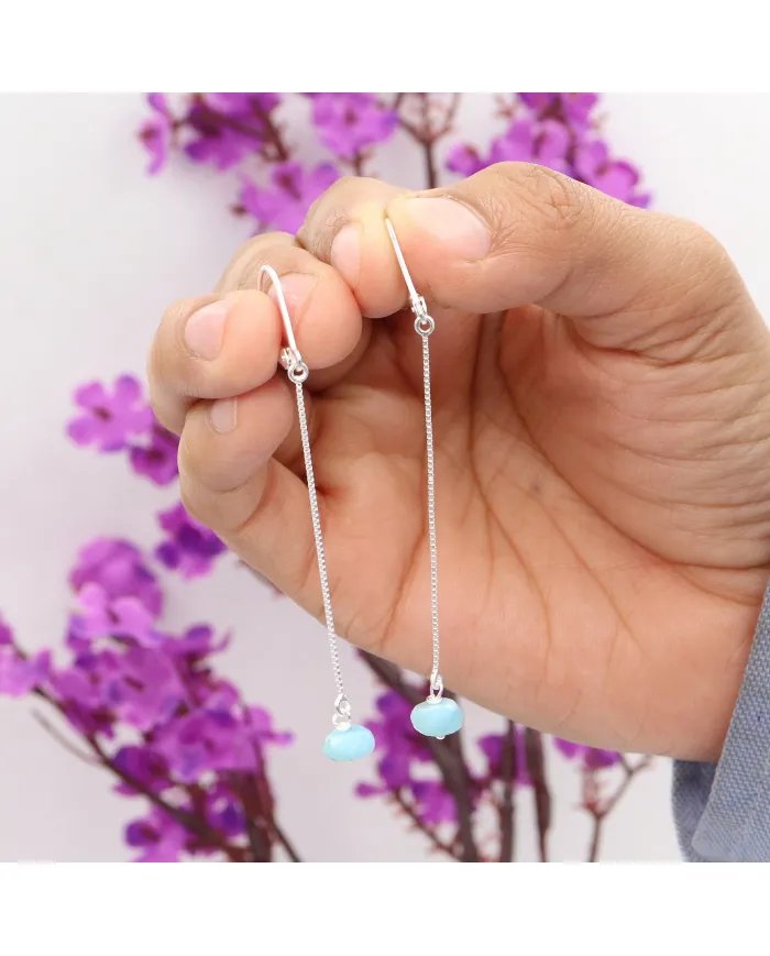 Larimar Dangle Earrings, Sterling Silver Earrings for Women, Box Chain Dangle Earrings, Natural Blue Gemstone Jewelry