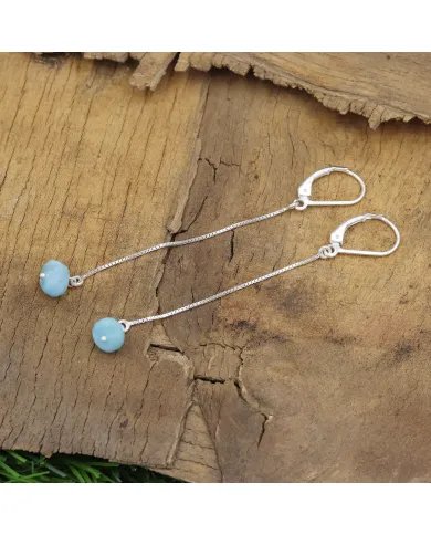 Larimar Dangle Earrings, Sterling Silver Earrings for Women, Box Chain Dangle Earrings, Natural Blue Gemstone Jewelry